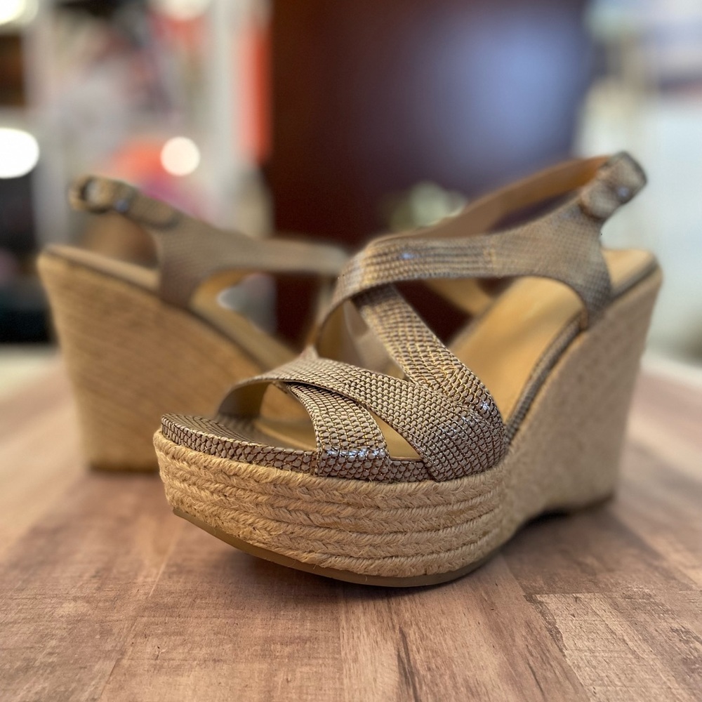 Via Spiga Leather Wedge Sandals, gold & black snakeskin texture, size 7 1/2